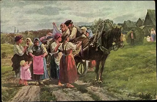 Ak Russland, Personen in Trachten, fahrender Händler