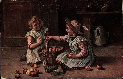 Künstler Ak Zwei Mädchen mit Äpfeln