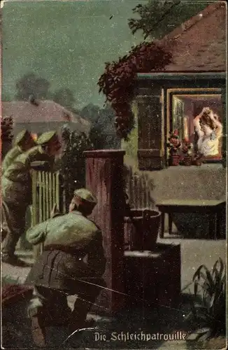 Ak Die Schleichpatrouille, Soldaten spannen, Frau am Fenster, Immer Fachmann