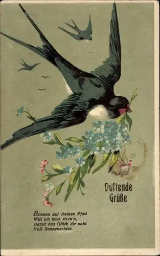 Ak Duftende Grüße, Schwalben, Vergissmeinnichtblüten