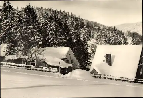 Ak Pobershau Erzgebirge, Häuser im Schnee