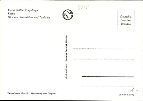 Ak Seiffen im Erzgebirge, Kirche, Blick zum Kanzelaltar und Taufstein