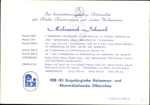 Ak Olbernhau im Erzgebirge Sachsen, VEB Holzwaren- und Kleinmöbelwerke Olbernhau, Mehrzweck-Schrank