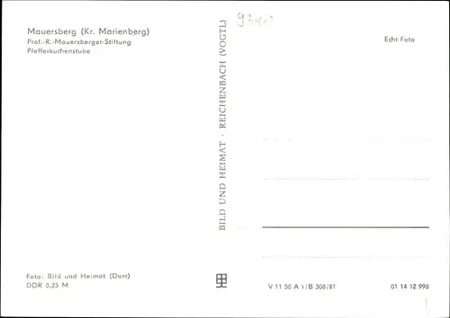 Ak Mauersberg Großrückerswalde im Erzgebirge, Prof.-R.-Mauersberger-Stiftung, Pfefferkuchenstube