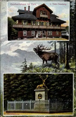 Ak Thale im Harz, Dambachshaus, Hirschdenkmal, röhrender Hirsch