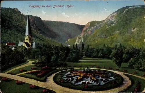 Ak Thale Harz, Eingang in das Bodetal, Blumenbeet