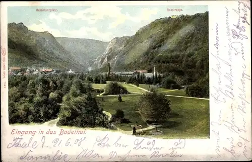 Ak Treseburg Thale im Harz, Hexentanzplatz, Eingang ins Bodetal, Rosstrappe