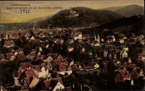 Ak Wernigerode im Harz, Stadt mit Schloss von der Sennhütte gesehen