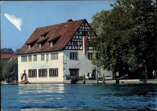 Ak Büsingen am Hochrhein, Hotel Alte Rheinmühle, Aussenansicht, Boot