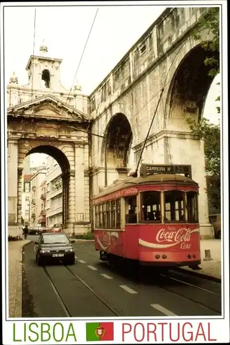 Ak Lisboa Lissabon Portugal, Viadukt, rote Straßenbahn mit Coco Cola Reklame