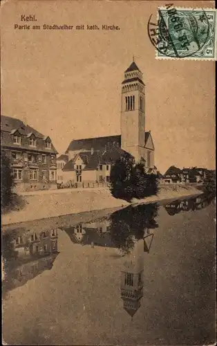 Ak Kehl am Rhein, Stadtweiher mit katholischer Kirche