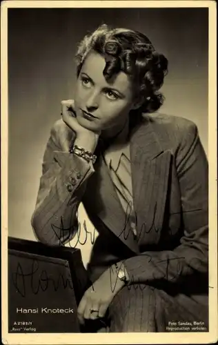 Ak Schauspielerin Hansi Knoteck, Portrait, Armbanduhr, Autogramm