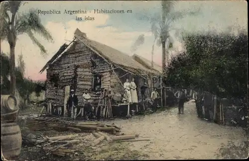 Ak Argentinien, Habitaciones en las islas, Menschen vor Holzhütten