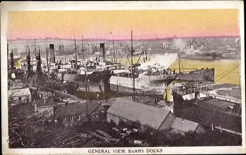 Ak Barry Wales, General View, Docks, Steamships