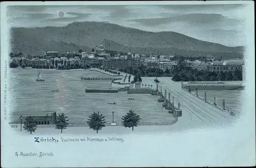 Mondschein Litho Zürich Stadt Schweiz, Quaibrücke, Alpenquai, Uetliberg am Züricher See
