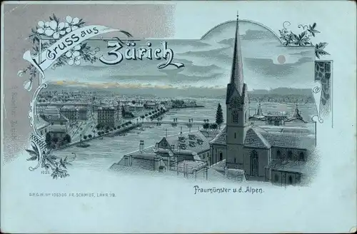 Mondschein Litho Zürich Stadt Schweiz, Fraumünster, Alpen