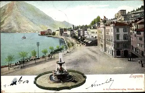 Ak Lugano Kt. Tessin Schweiz, Fontäne, Gebäude am See, Berg