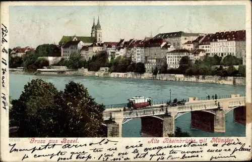Ak Basel Bâle Stadt Schweiz, Alte Rheinbrücke mit Münster