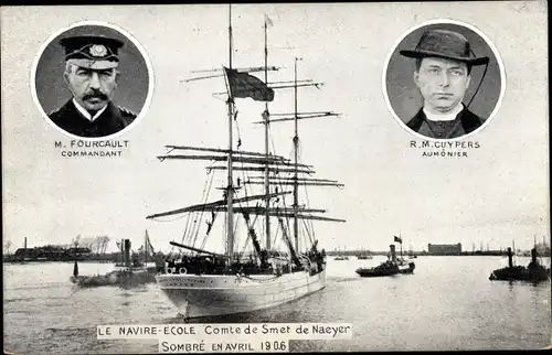 Ak Segelschiff, Le Navire Ecole, Comte de Smet de Naeyer, Sombré en Avril 1906, Commandant Fourcault