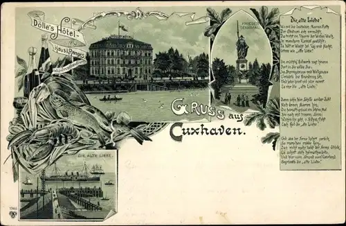 Litho Cuxhaven in Niedersachsen, Dölle's Hotel, Kriegerdenkmal, Die Alte Liebe