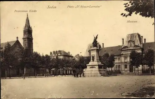 Ak Sedan Ardennes, Protestant. Kirche, Museum, Platz D'Alsace Lorraine