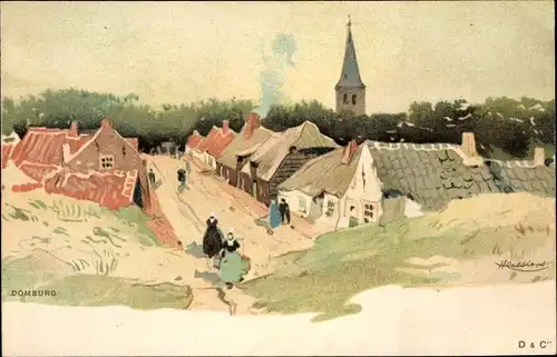 Künstler Litho Cassiers, Domburg Veere Zeeland Niederlande, Blick auf den Ort, Häuser, Kirchturm