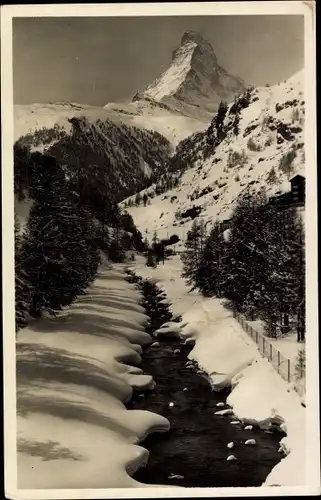 Ak Visp Kanton Wallis, Winteridyll mit Matterhorn