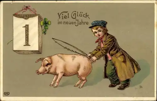 Ak Glückwunsch Neujahr, Kind, Schwein, Kalender, Glücksklee