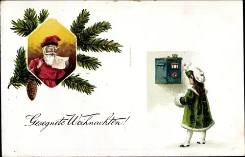 Präge Ak Frohe Weihnachten, Weihnachtsmann, Mädchen am Postbriefkasten