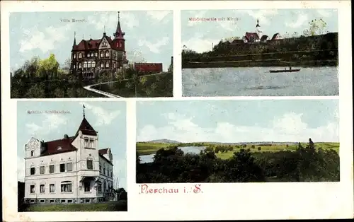 Ak Nerchau Grimma in Sachsen, Villa Hessel, Schiller-Schlösschen, Muldenpartie mit Kirche