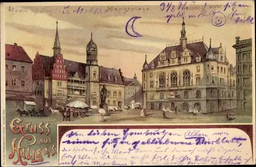 Litho Halle an der Saale, Marktplatz, Rathaus