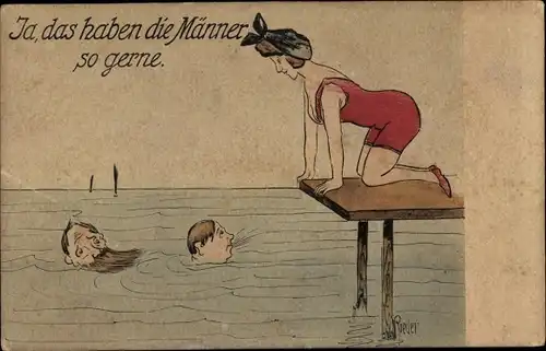 Künstler Ak Roeder, Ja, das haben die Männer so gerne, Männer im Wasser, Frau in rotem Badeanzug