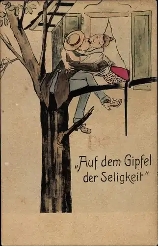 Künstler Ak Roeder, Auf dem Gipfel der Seligkeit, Liebespaar, Kuss, Mann auf Baum