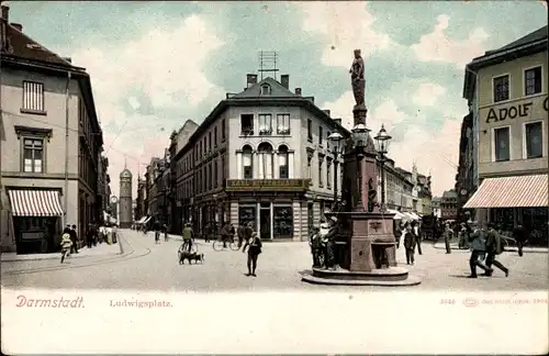 Ak Darmstadt in Hessen, Ludwigsplatz, Brunnen, Geschäfte