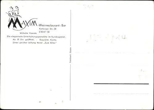 Ak Essen im Ruhrgebiet Nordrhein Westfalen, Maxim Weinrestaurant, Wilhelm Voerste, Tresen, Barhocker