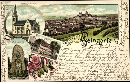 Litho Weingarten in Württemberg, Evangelische Kirche, Kaserne, Kaiserstein, Totalansicht