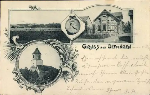 Ak Oeffingen Fellbach in Württemberg, Kirche, Fachwerkhaus