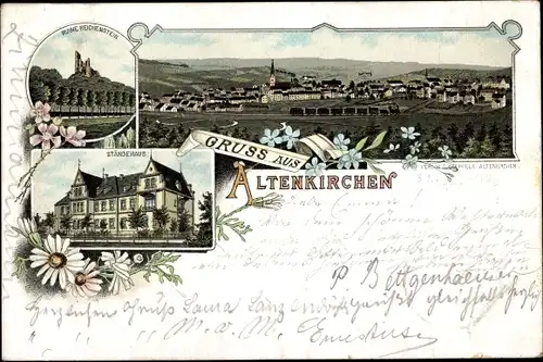 Litho Altenkirchen im Westerwald, Ständehaus, Ruine Reichenstein, Gesamtansicht des Ortes