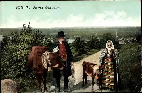 Ak Rättvik Schweden, På väg från sätern, Bauern mit Kühen, Tracht