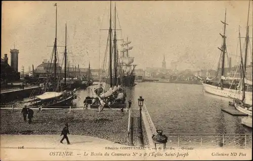 Ak Oostende Ostende Westflandern, Bassin du Commerce, Boote, Eglise Saint Joseph