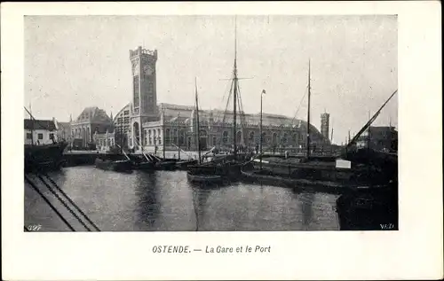 Ak Ostende Westflandern, La Gare et le Bassin, Bahnhof