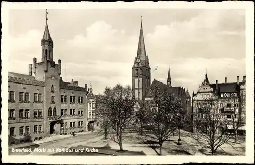 Ak Bitterfeld in Sachsen Anhalt, Markt mit Rathaus und Kirche