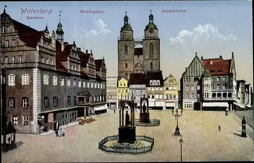 Ak Lutherstadt Wittenberg, Marktplatz mit Stadtkirche und Rathaus