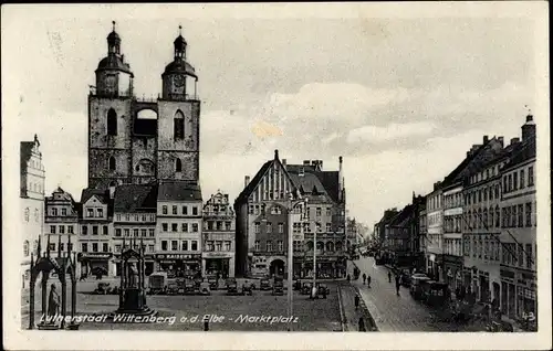 Ak Lutherstadt Wittenberg, Marktplatz, Stadtkirche, Denkmäler, Kollegienstraße