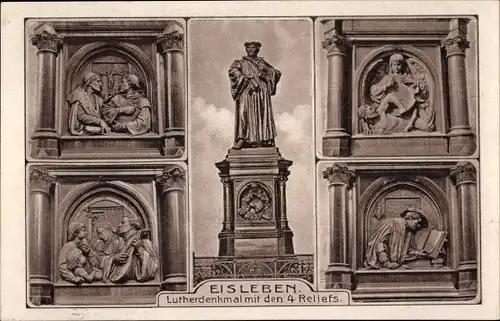 Ak Lutherstadt Eisleben in Sachsen Anhalt, Lutherdenkmal mit den 4 Reliefs