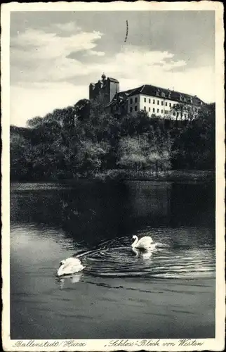 Ak Ballenstedt im Harz, Schloss-Blick von Westen, Schwäne