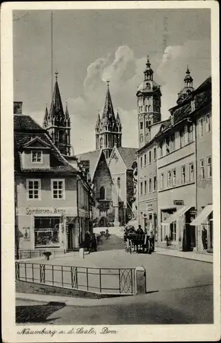 Ak Naumburg an der Saale, Blick auf den Dom, Spirituosen und Weinhandel, Kutsche