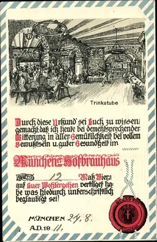 Ak München, Trinkstube, Hofbräuhaus, Inneres, Urkunde