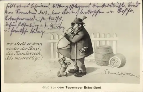 Künstler Ak Tegernsee in Oberbayern, Bräustüberl, Mann mit dickem Bauch sucht seinen Hund