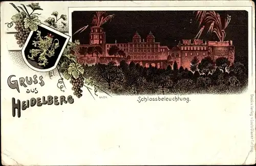 Wappen Litho Heidelberg am Neckar, Schloss mit Schlossbeleuchtung
